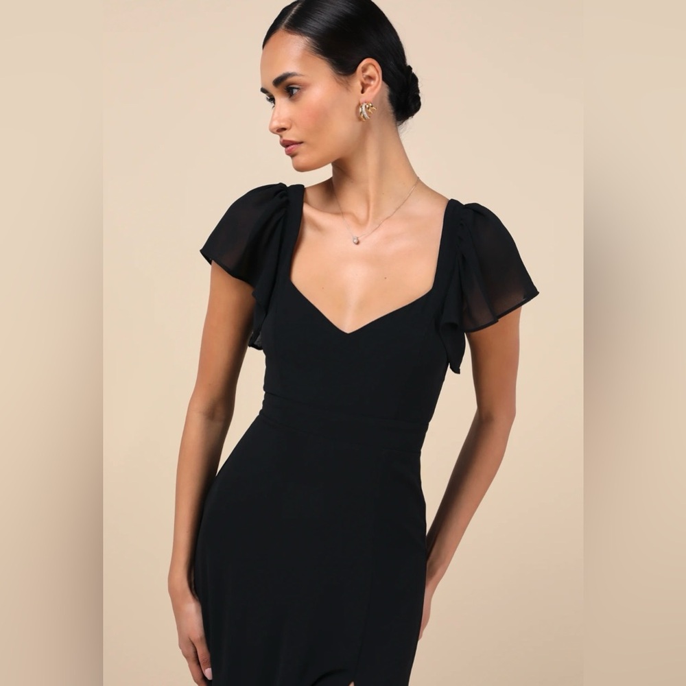 Lulus Simply Delightful Tie-Back Flutter Sleeve Maxi Dress Black Large NWT